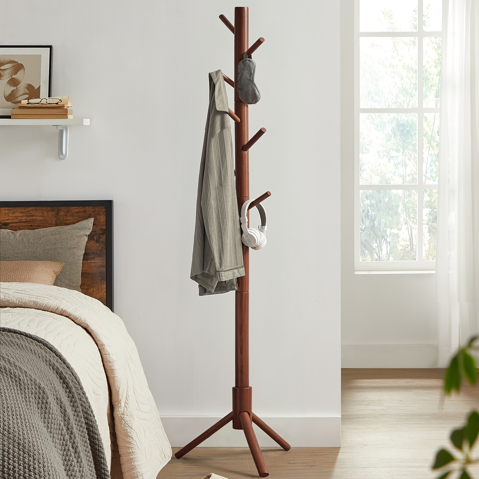 TEMU Porte-manteau en bois , Porte-manteau d'arbre avec 8 crochets, Porte-manteau autoportant, 3 options de hauteur, pour vêtements, chapeaux, sacs,