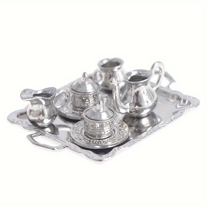 TEMU Miniature Silver-plated Tea Set With Intricate Patterns - Perfect For Parties And Home Decor