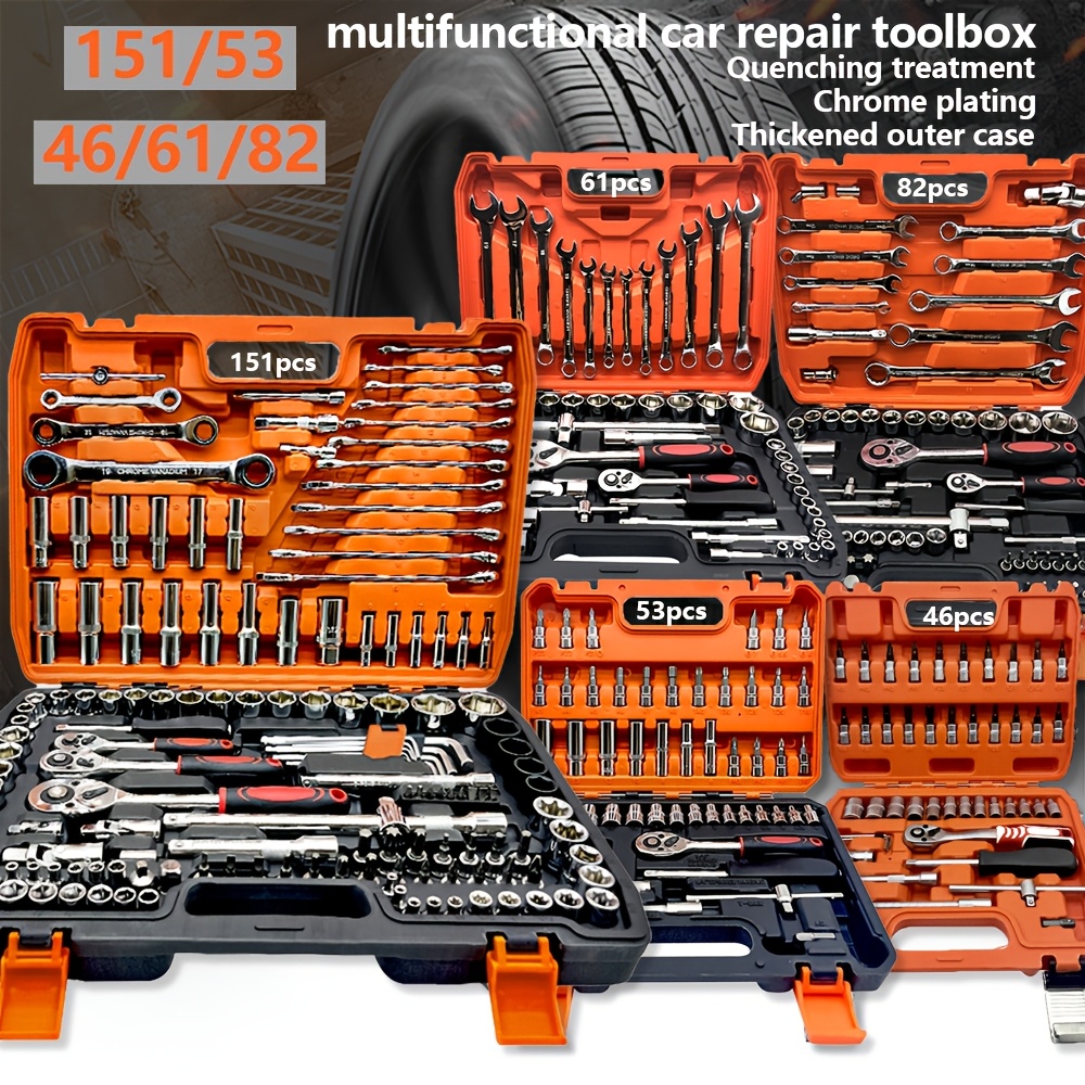 

Professional Good Repair Tools-46/53/61/82/151pcs, We Only Quality, Orange, Motorcycle Bicycle Machine Repair, Quick Pawl Wrench And Tool Box, Home Multifunctional Tool Combination Set