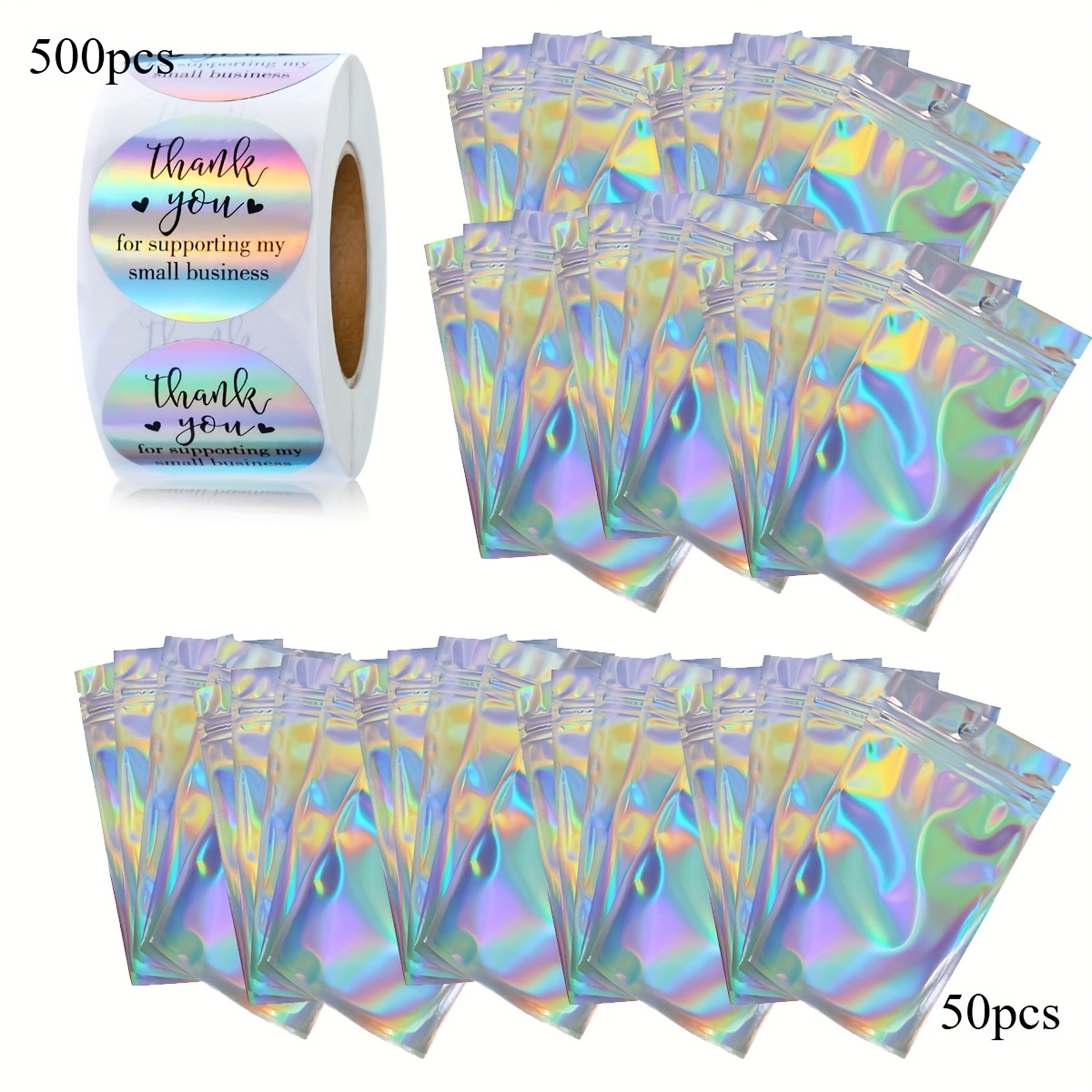 TEMU 500pcs Laser Round Self-adhesive Label Thank You Sticker Thank You Sticker Gift Wedding Decoration Sticker And 50pcs Packaging Bag Yin And Yang