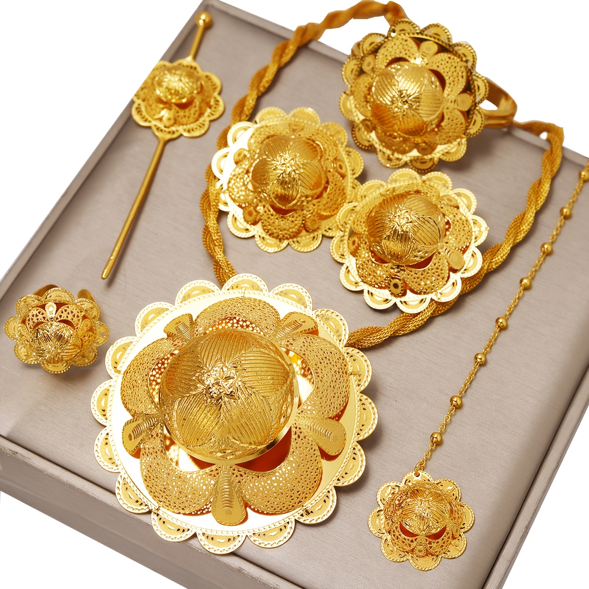TEMU Ensemble de bijoux de mariage de luxe de haute qualité, mode du Moyen-, adapté aux mariées africaines de Dubaï, ensemble de bijoux 6 pièces à