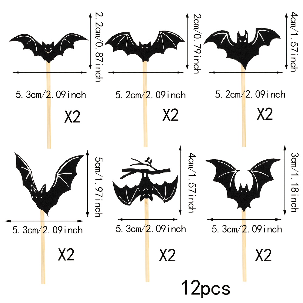 12 Sparkling Bat Cake Toppers, Perfect For Halloween Party Decorations And Cake Embellishments