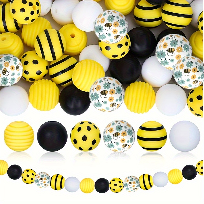 

55pcs Bee Themed Silicone Black White Yellow Stripes Spacer Beads For Jewelry Making Diy Beaded Necklace Bracelet Key Bag Chain Beaded Decors Accessories