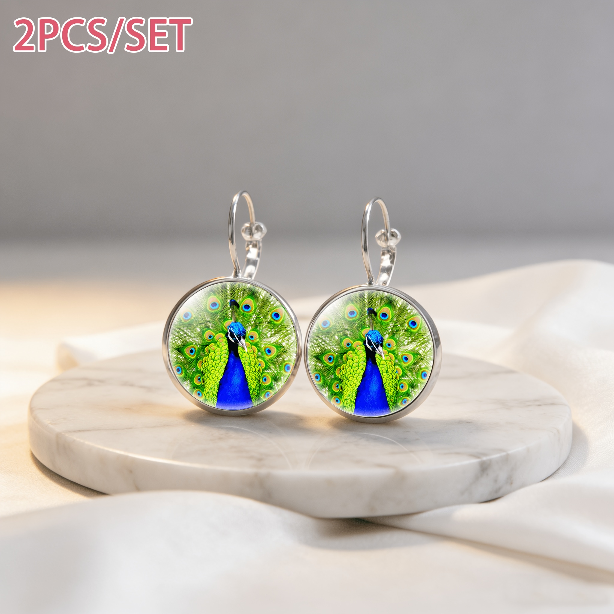 White French Ear Hook Earrings with Peacock Display, Elegant Gift