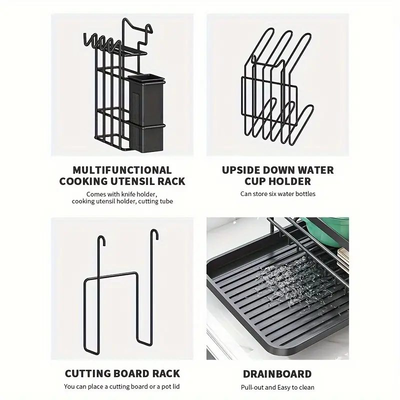 1pc of tableware drying rack multifunctional rust proof tableware drain kitchen organizers and storage suitable for kitchen countertops with leak proof nozzles for drainage pipes large tableware rack cup holder black Product details 3
