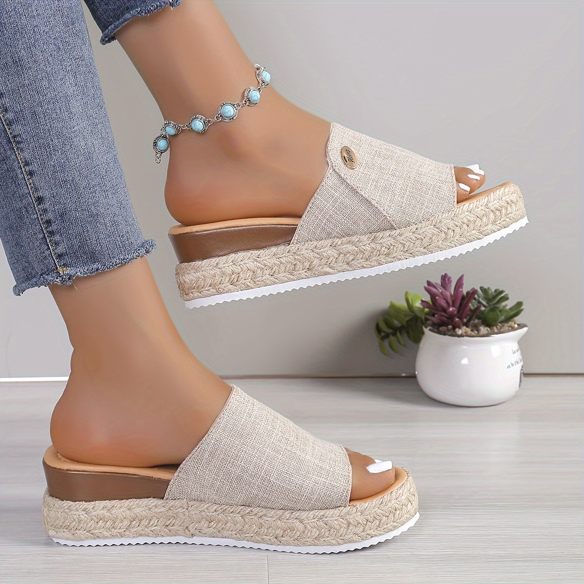 Women's Wedge Sandals, Elegant Fashion Thick-Heel Slippers with Metal  Decoration for Plus Size Ladies