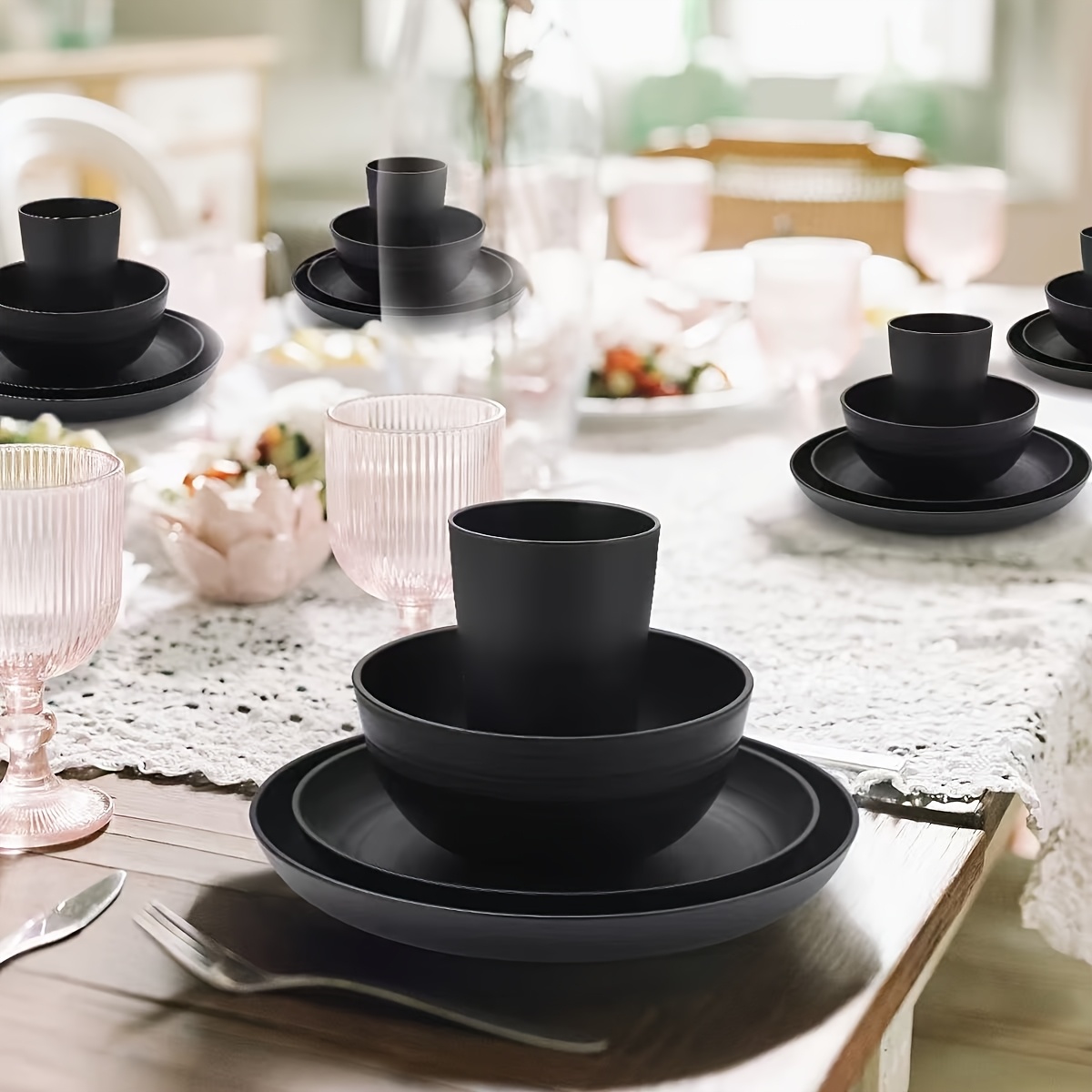 black wheat straw dinnerware set plates bowls Temu Mauritius