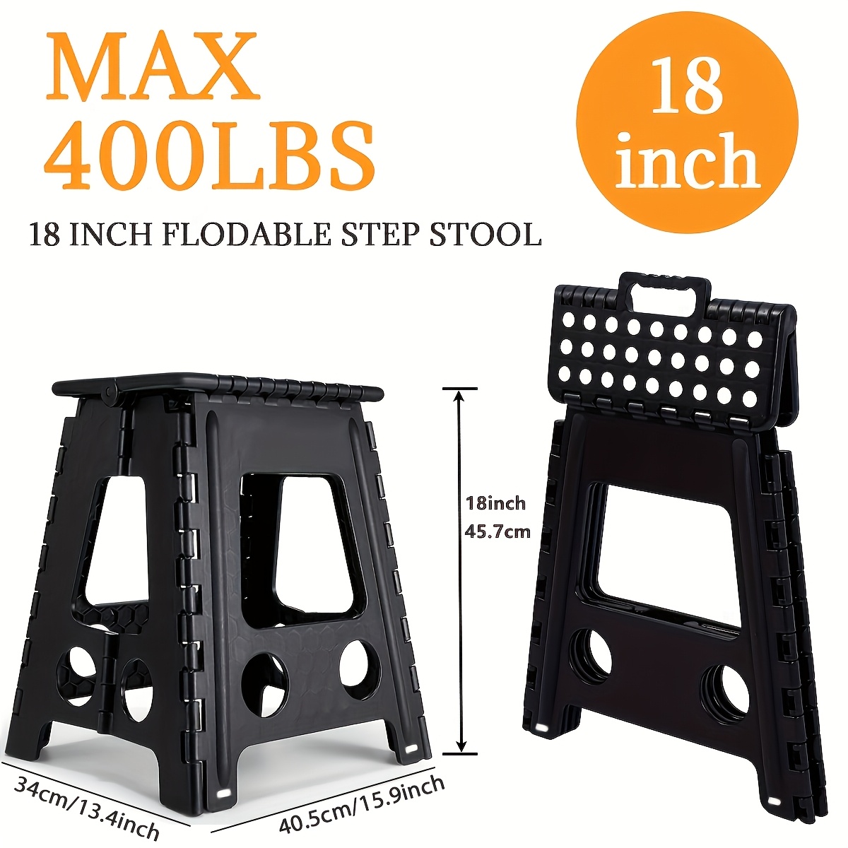 7.5-18 Inch Folding Step Stool In Black, Heavy Duty Foldable Collapsible Plastic Stool With Non-slip Surface For Kitchen Bathroom Bedroom, For Adults