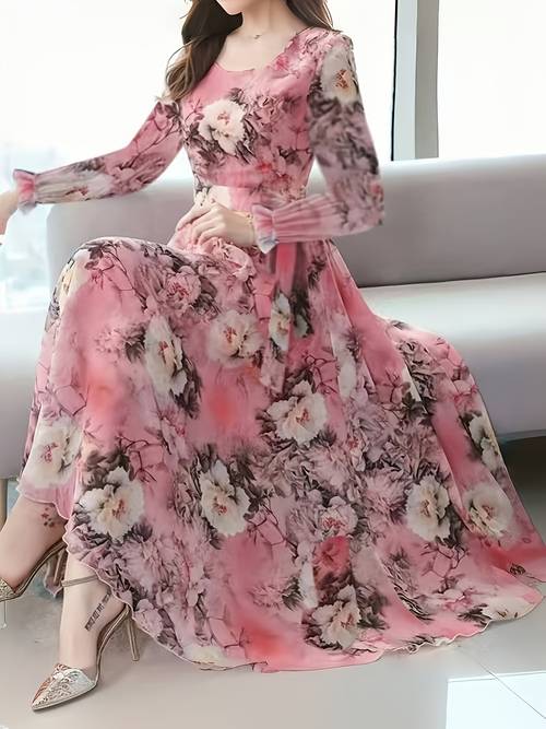 ladies chiffon peony floral print elegant flowing dress round neck length style long sleeves waist belt