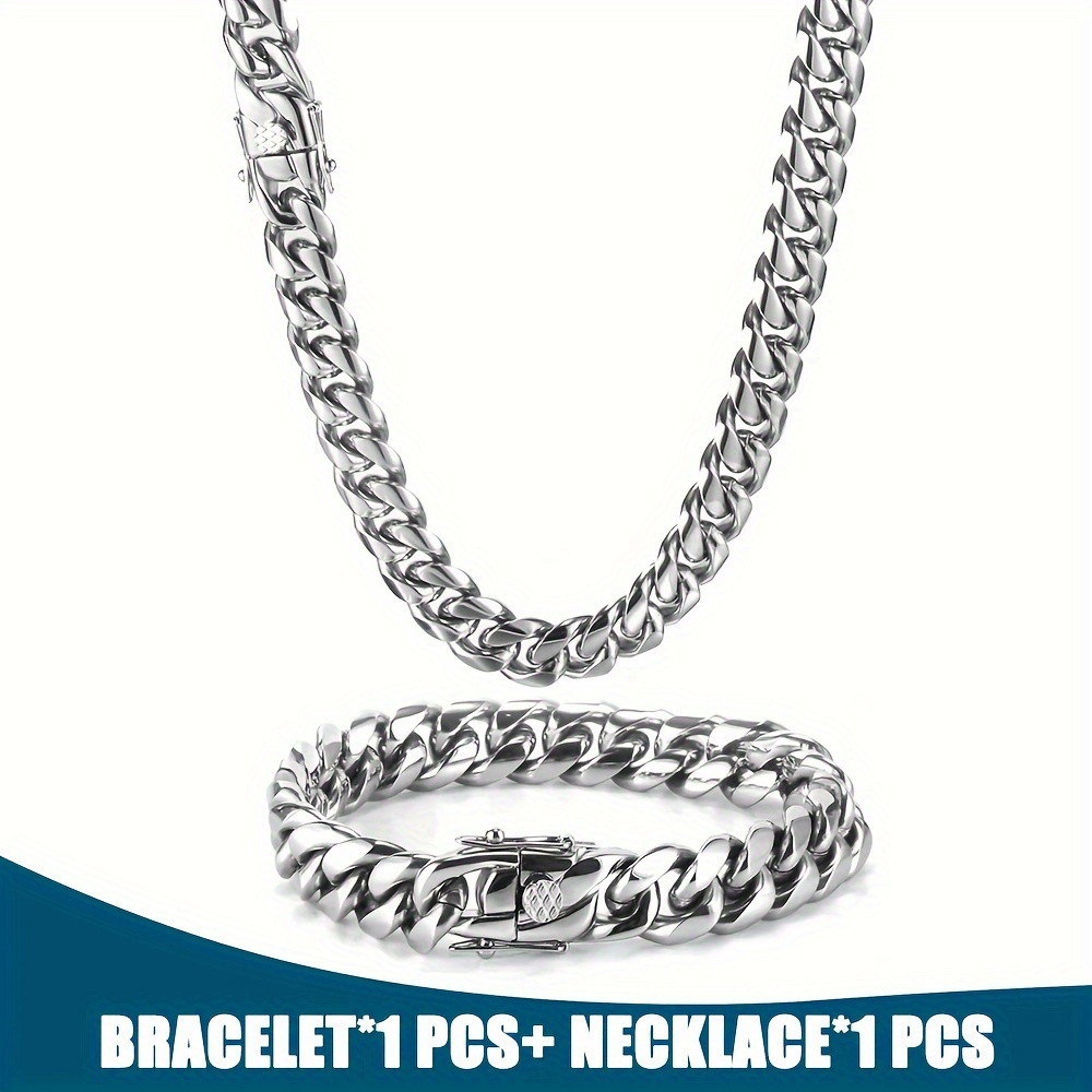 

Jewelry Set Miami Cuban Link Chain Necklace And Bracelet For Men Plated Stainless Steel 10mm Curb Chain With Buckle