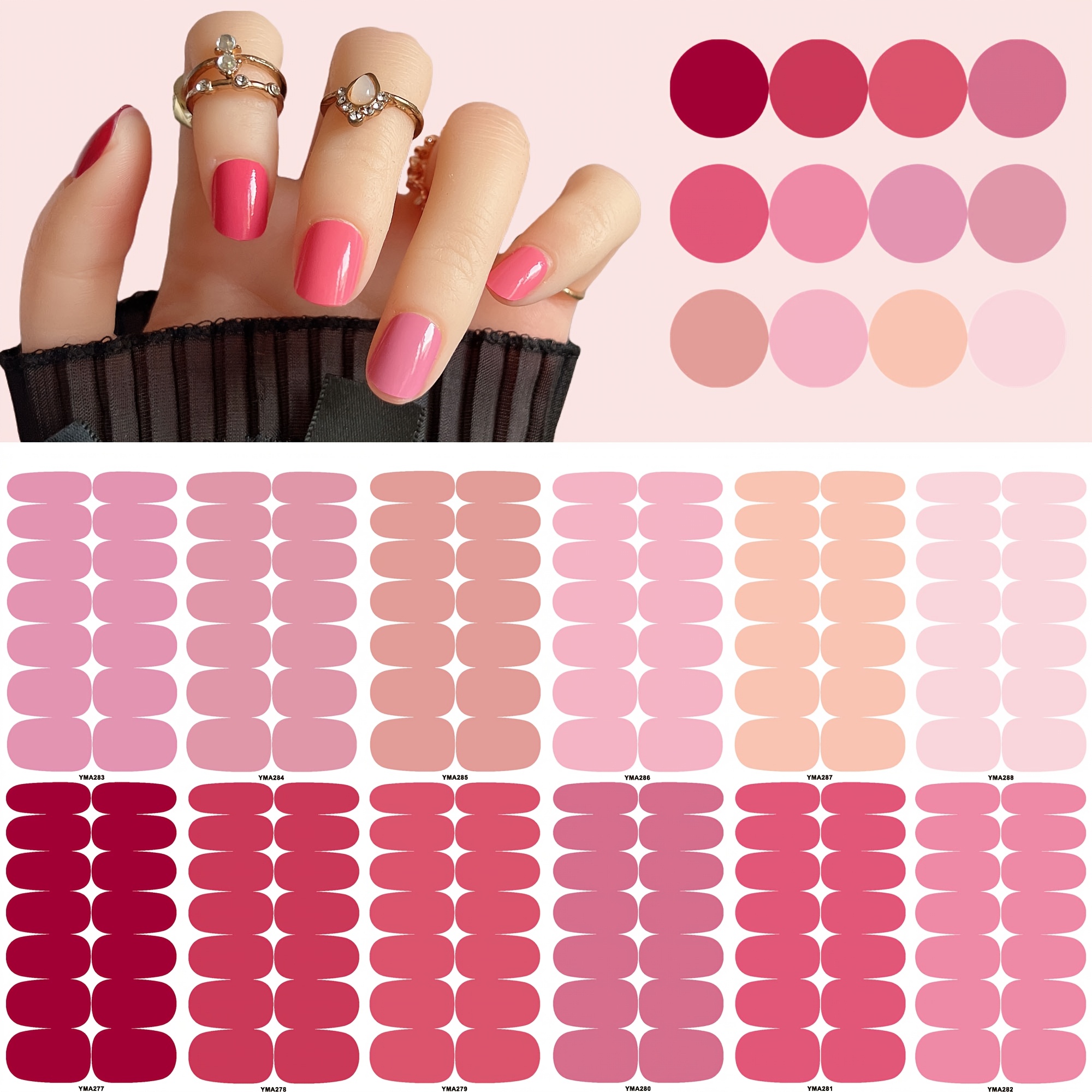 12pcs Classic Versatile Nail Art Sticker Set With Gradient Solid Colors In Pink, Red, Blue, Brown, And Green, Easy To Apply, Includes Nail File