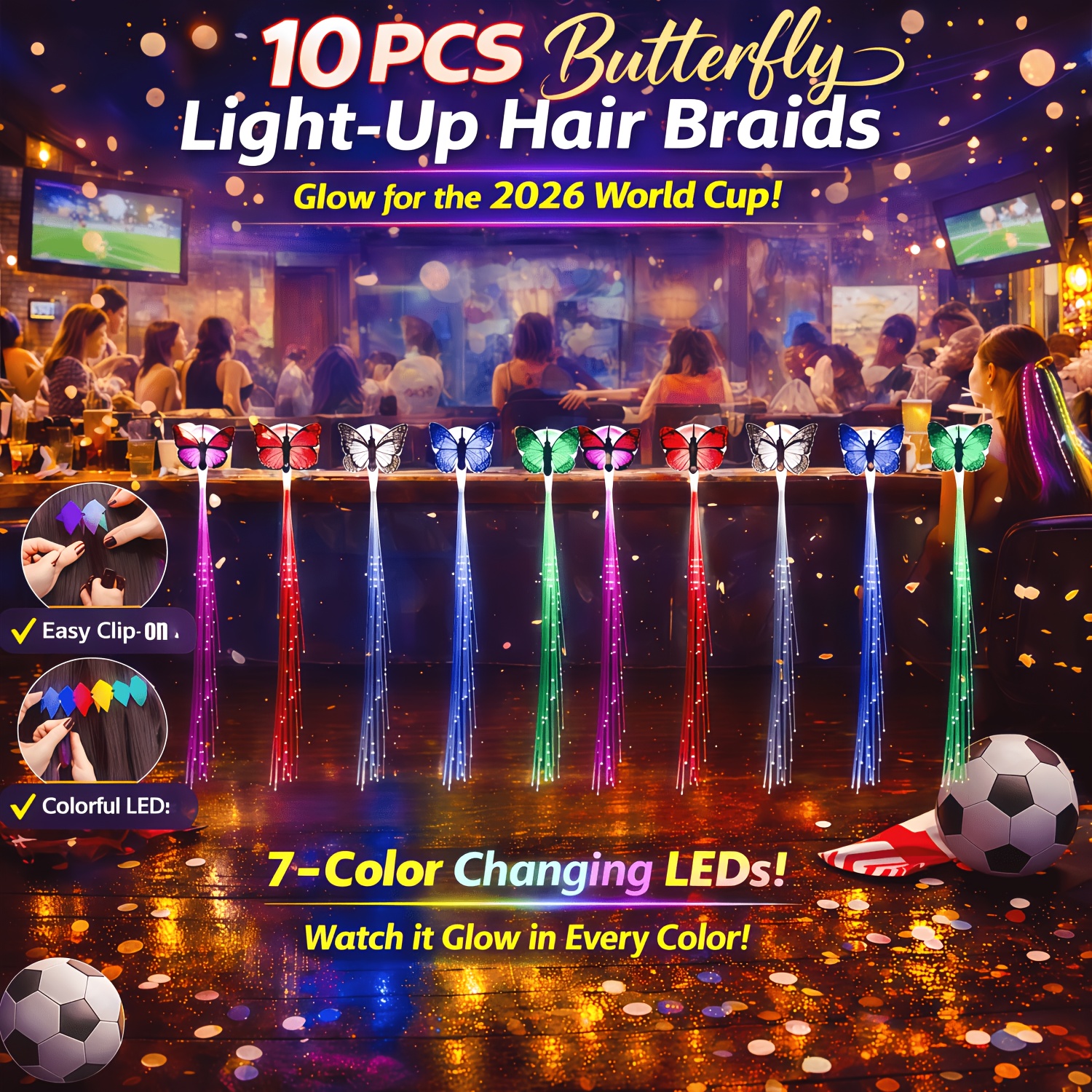 TEMU Soccer Event 2026 - 10pcs Party Headwear Set For Women, Led Light-up Hair Braids, 7-color Changing Glow Hair Additions, Clip-in Party Hair