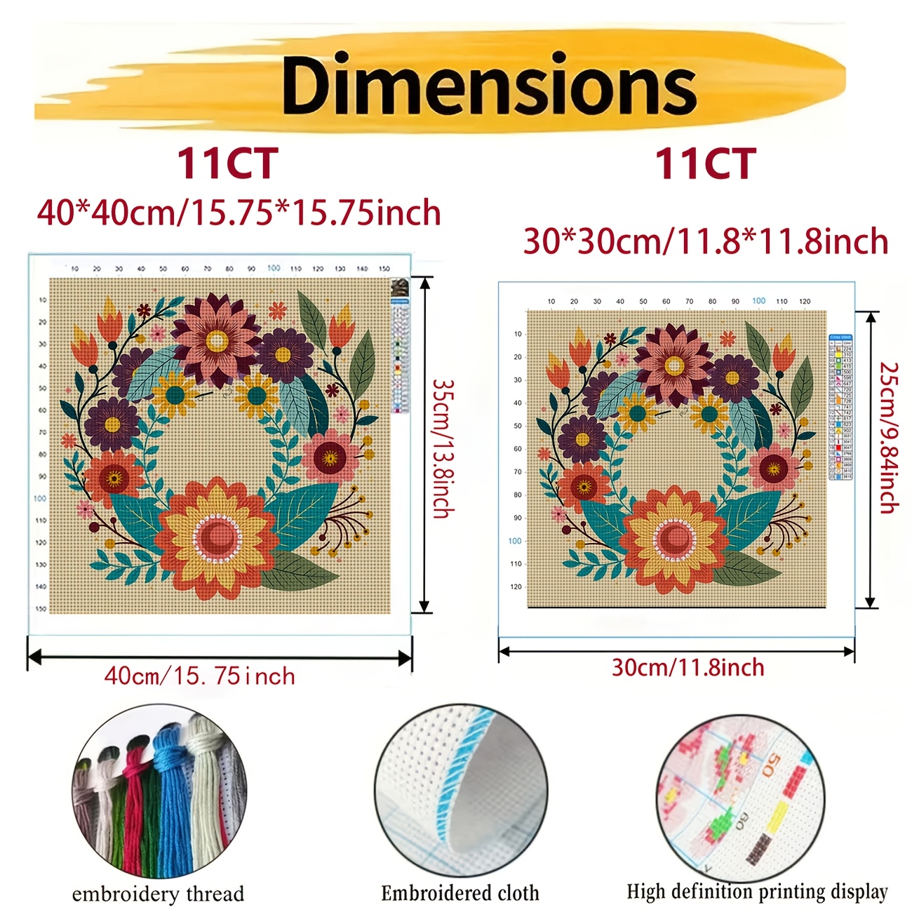 DIY Cross-stitch Printed Kit, Unframed Colorful Flower Wreath Pattern