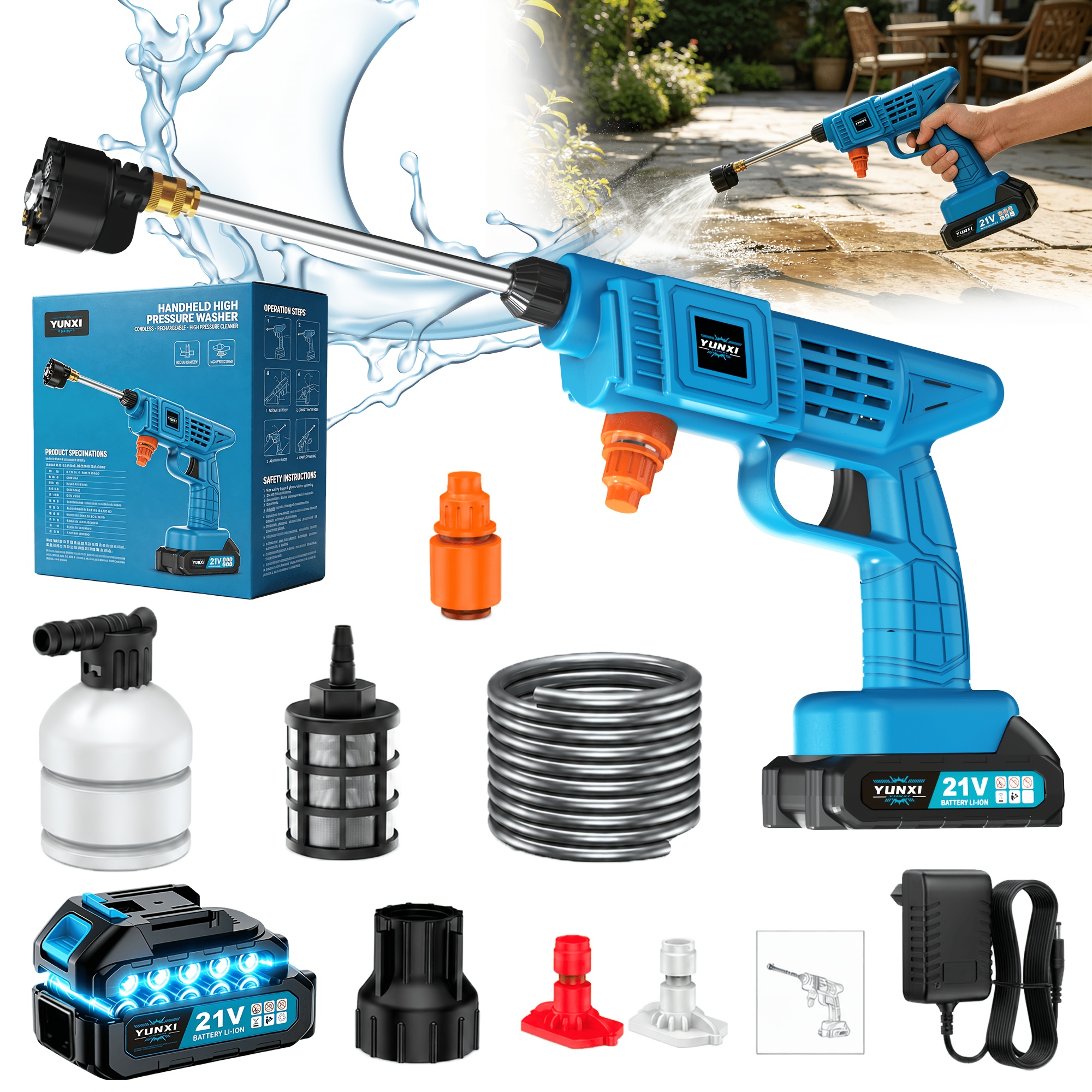 Blue Cordless High-pressure Washer: Convenient For Cleaning; Lightweight, ; Supports Fast Charging With Long ; Versatile Functionality Suitable For .
