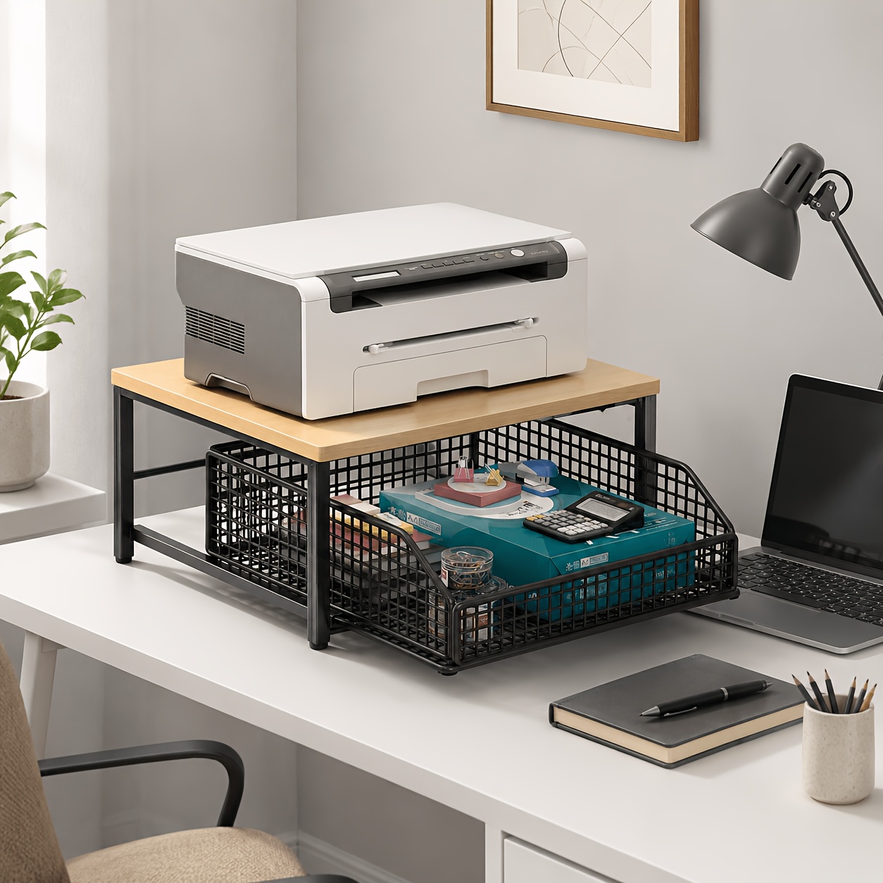 Image of Desktop Printer Stand With Pull-out Metal Mesh Drawer, Raised Wood-look Top And Open Storage Space, Organizer For Printer, Paper And Office Supplies, Suitable For Home Office, Study, Bedroom, Dorm And