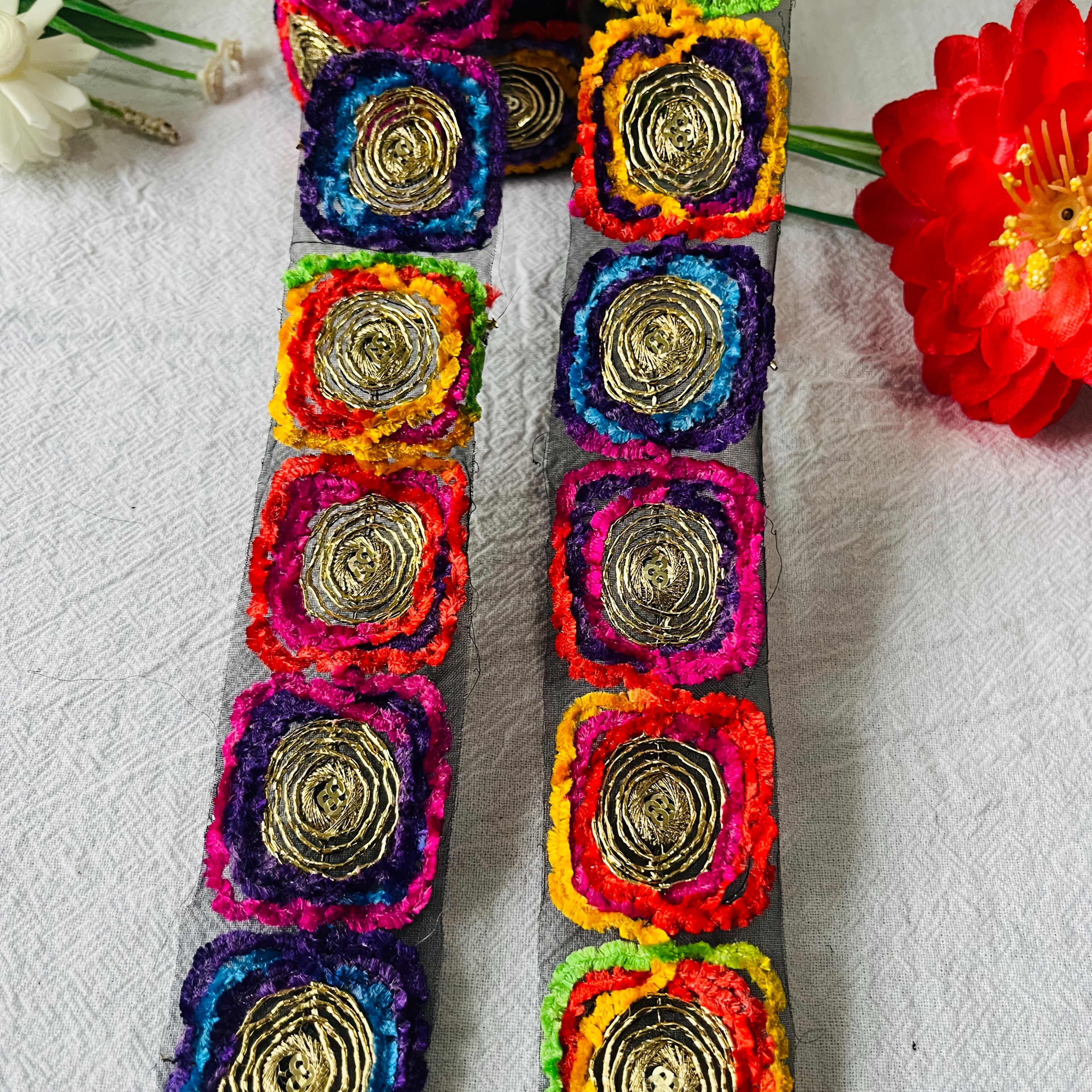183cm Multicolor Embroidered Ribbon With Metallic Spiral Sequins | Handcrafted, Luxurious Texture For Clothing, Bags, Shoes, And Home Decor (red, Yellow, Blue, Purple, Green)