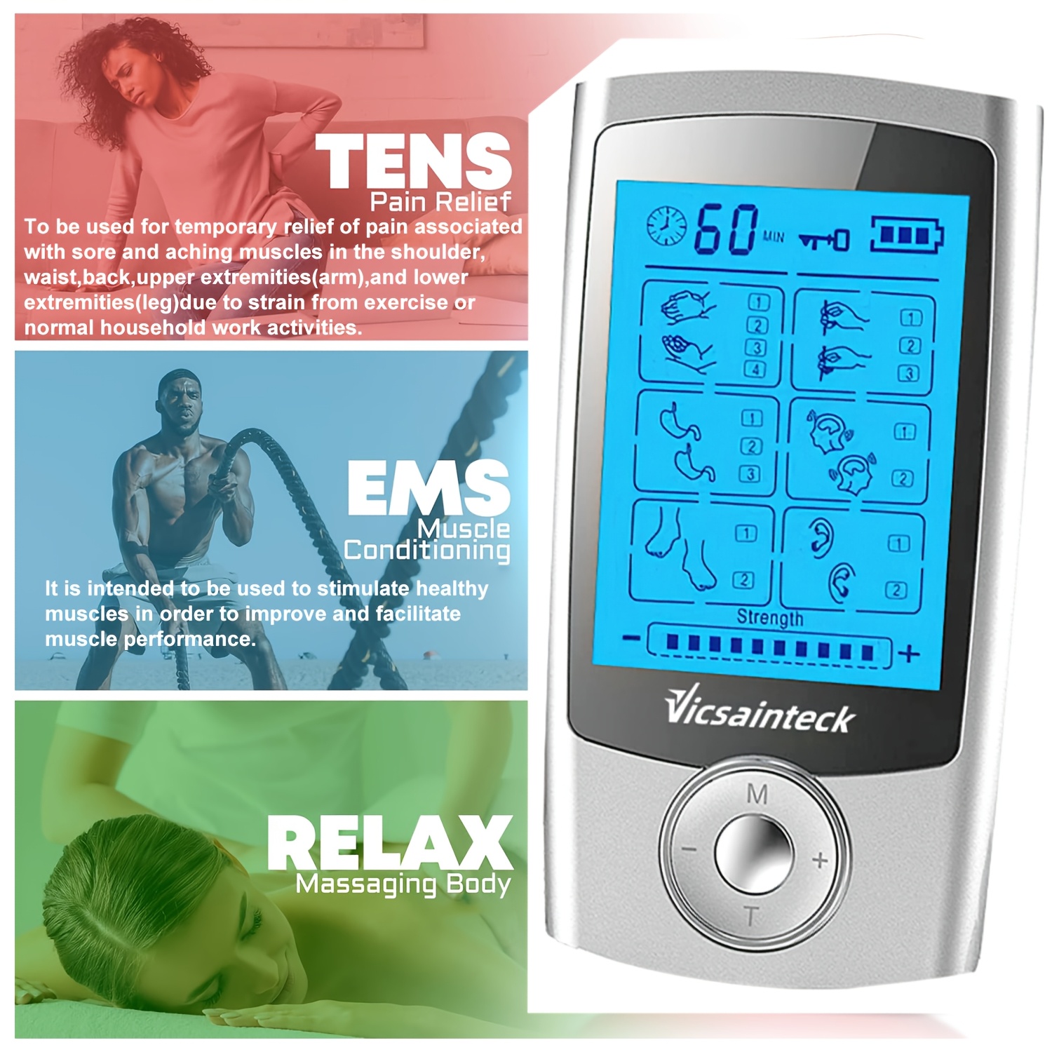 Appareil TENS/EMS OSITO – Massager USB Rechargeable Pour Douleurs Cervicales, Bras, Dos