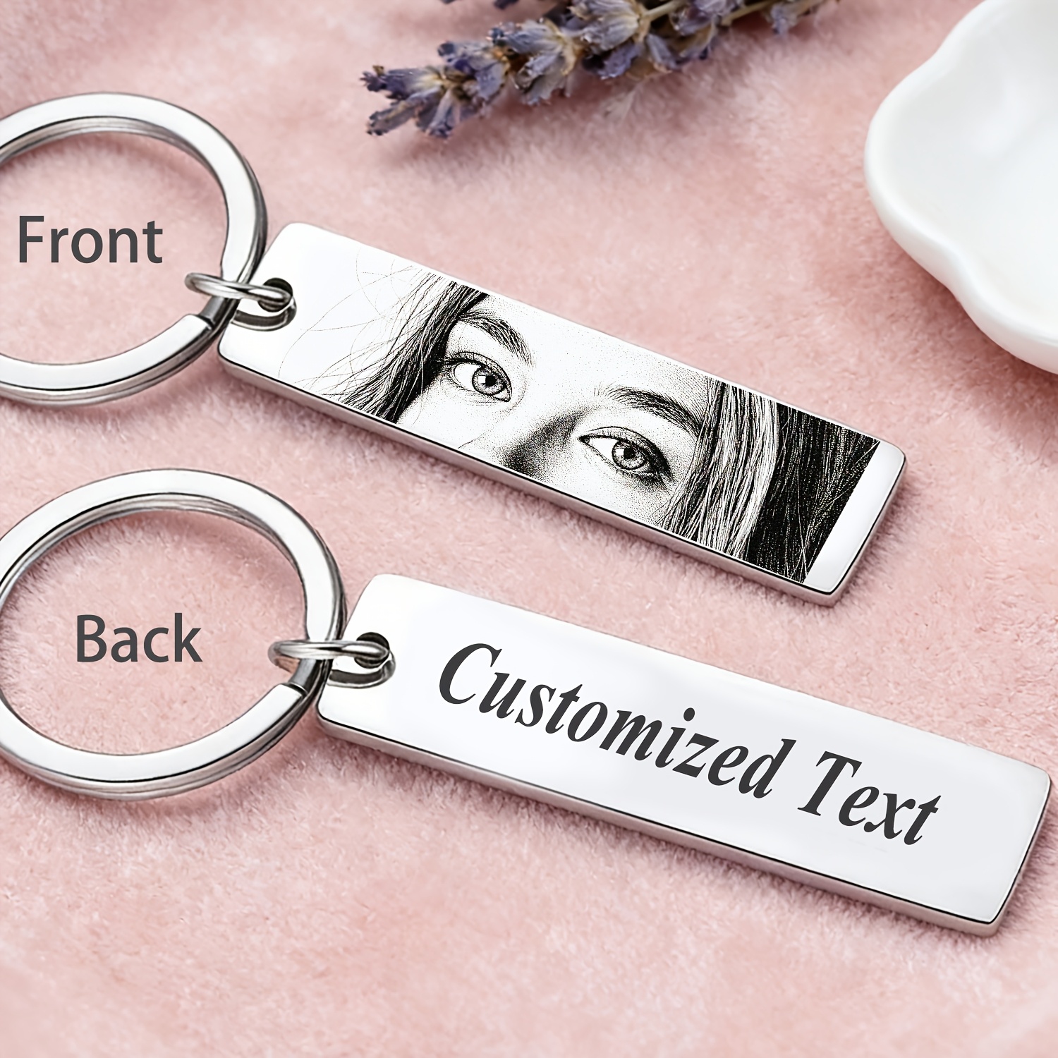 TEMU 1pc Double-sided Custom Photo Text Stainless Steel Keychain Personalized Eye Sketch Style Long Strip Keychain Couple Gift Women's Decoration
