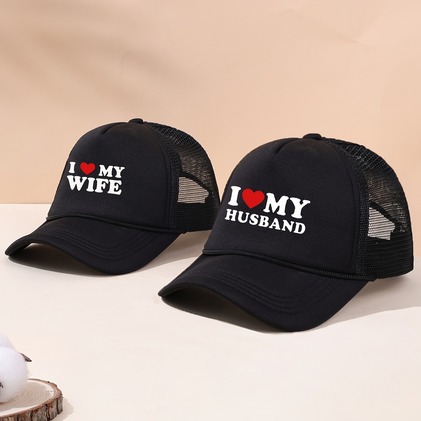 TEMU 2 Couple Hats "" And "i Love My Husband" Printed With Rope Decoration Adjustable Breathable Curved Baseball Cap Suitable For Outdoor Daily