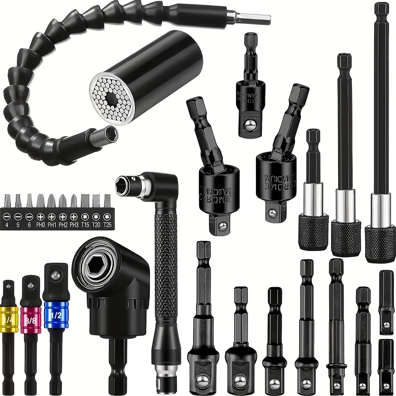 Homefish 31pcs/6pcs Flexible Drill Bit Extension Set Drill Bit Extension Kit Includes 1/4 3/8 1/2 Inch Hex Socket Adapter Socket Magnetic Drill Extender Universal Drill Bit Extension Screwdriver