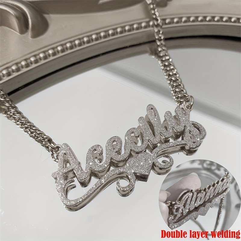 

Custom Stainless Steel Bling Name Necklace Personalized Frosted Name Necklace Men And Women Fashion Customized Letter Nameplate Cuban Chain Jewelry Gift