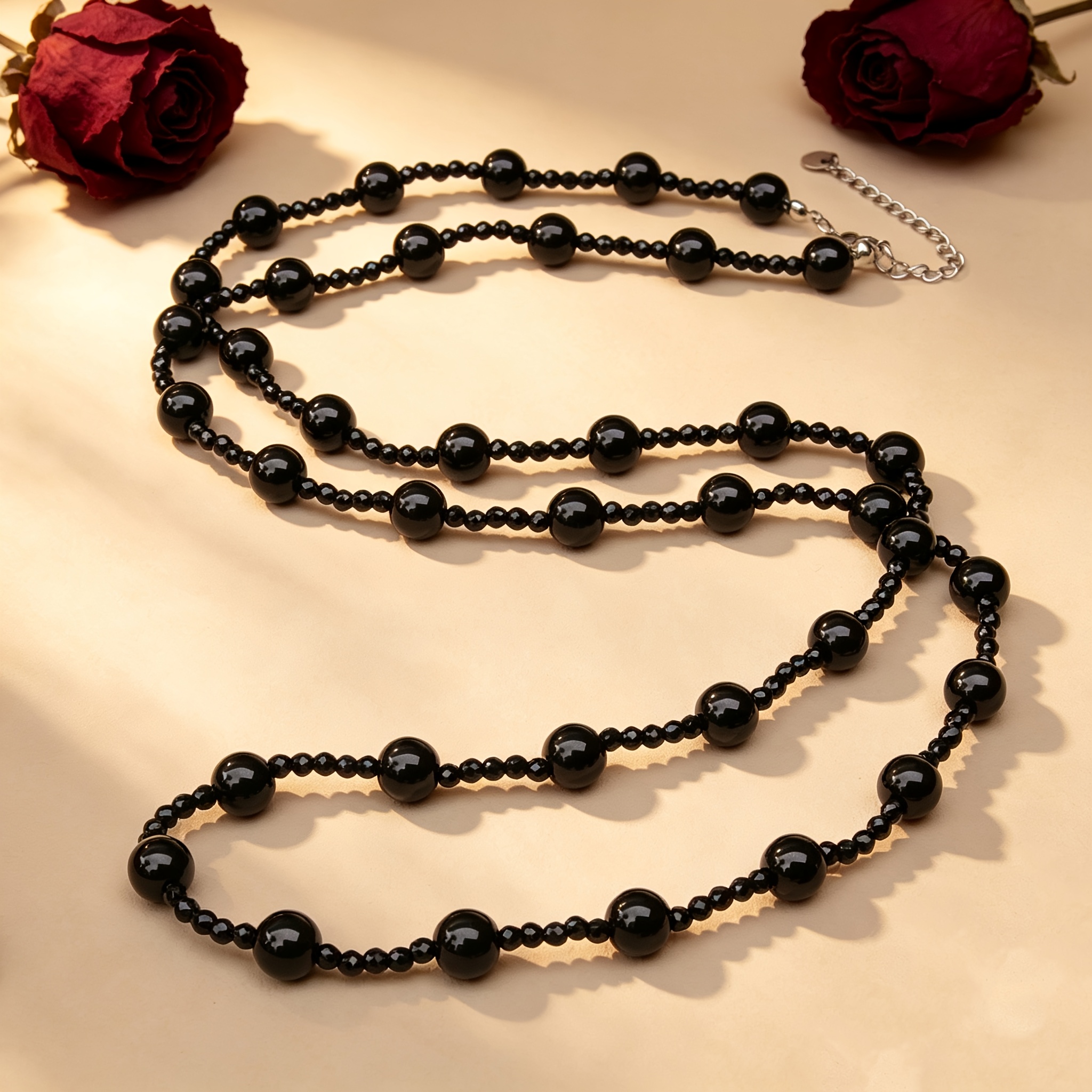 TEMU 1pc Vintage Black Agate Beaded Long Sweater Necklace For Women, Stackable Gradient Round Strand Necklace, Elegant Minimalist Bead Wrap Necklace
