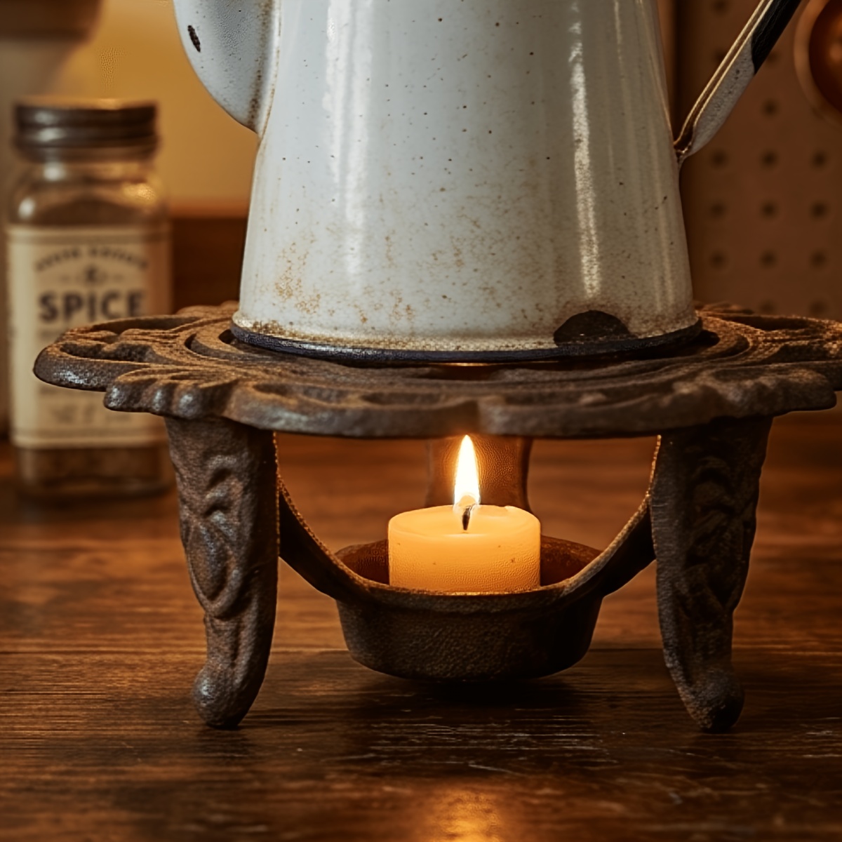 TEMU 1 pièce Chauffe-théière robuste en fonte, Chauffe-théière vintage avec bougeoir, Chauffe-cafetière décoratif rustique pour cuisine