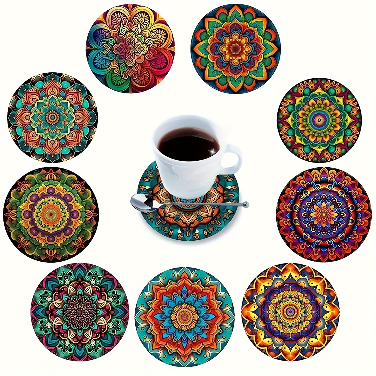 

10-piece Set Geometric Mandala Print Wooden Coasters - Non-slip Heat-resistant Drink Mats - Charming Home Decor For Kitchen And Living Room, Great Housewarming Gift - 10x10cm