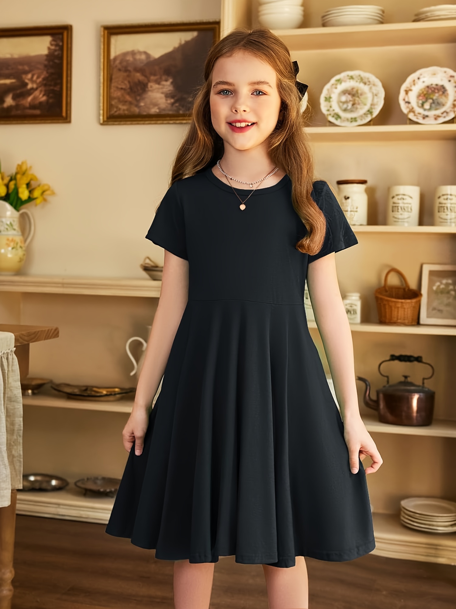 girls dress short sleeve a line swing twirl school - Temu