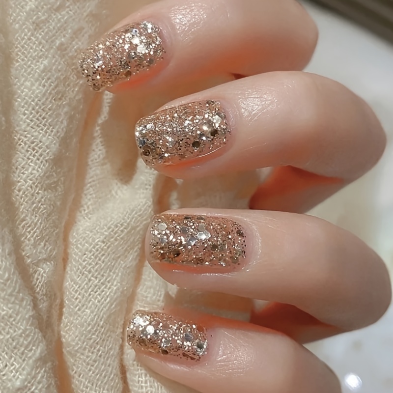 

Sparkling Champagne -on Nails - Short Square Fake Nails With Glitter Accents For Women & Girls