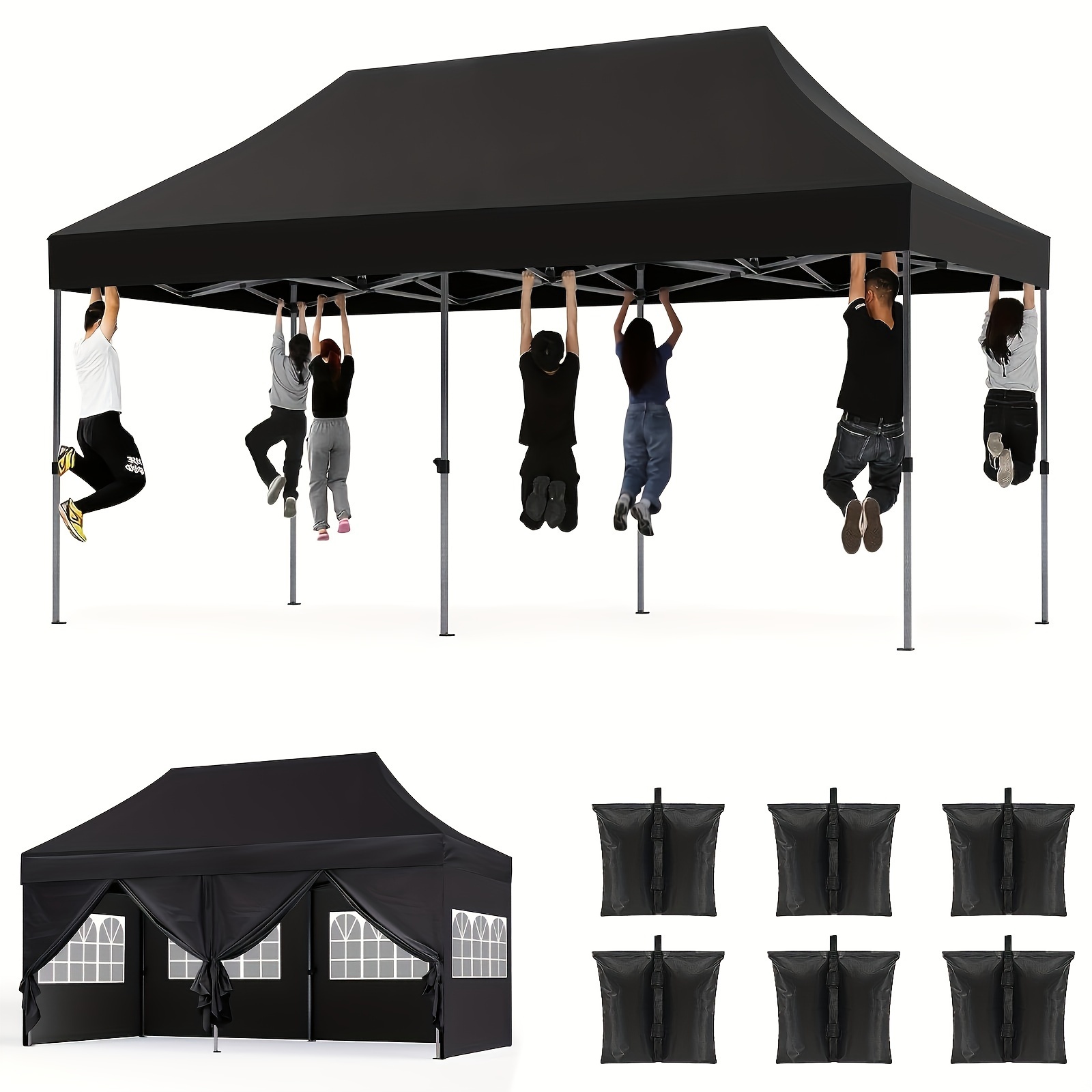 

10x20 Ft Heavy Duty Pop Up Canopy, 10x20 Canopy Tent Sidewalls Made Of 420d Oxford Fabric, Instant Shade Canopy Tent For Parties Beach Outdoor, Roller Bag, And 6 Weight Bags (black/white/grey)