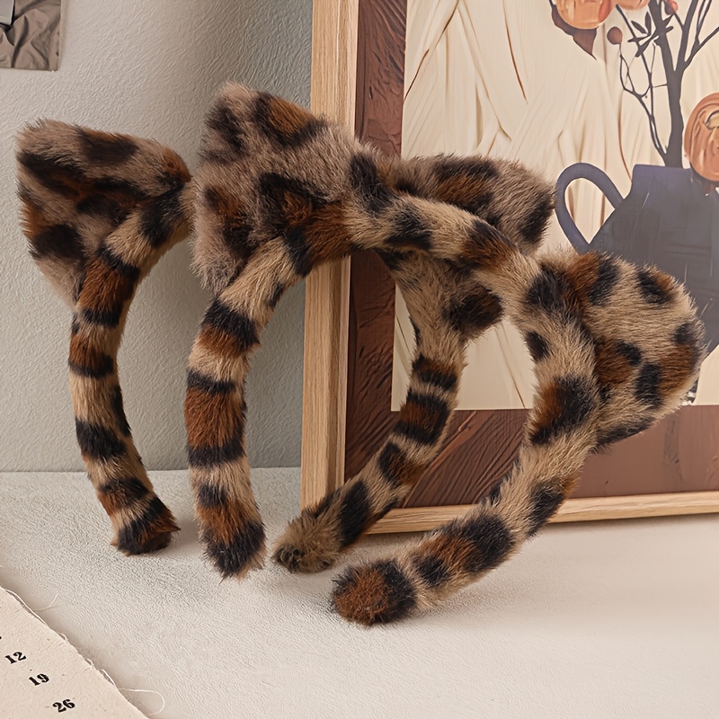 TEMU 2-pack Long Plush Leopard Print Cat Ear Headbands, Cute Accessory Head Hoops For Women