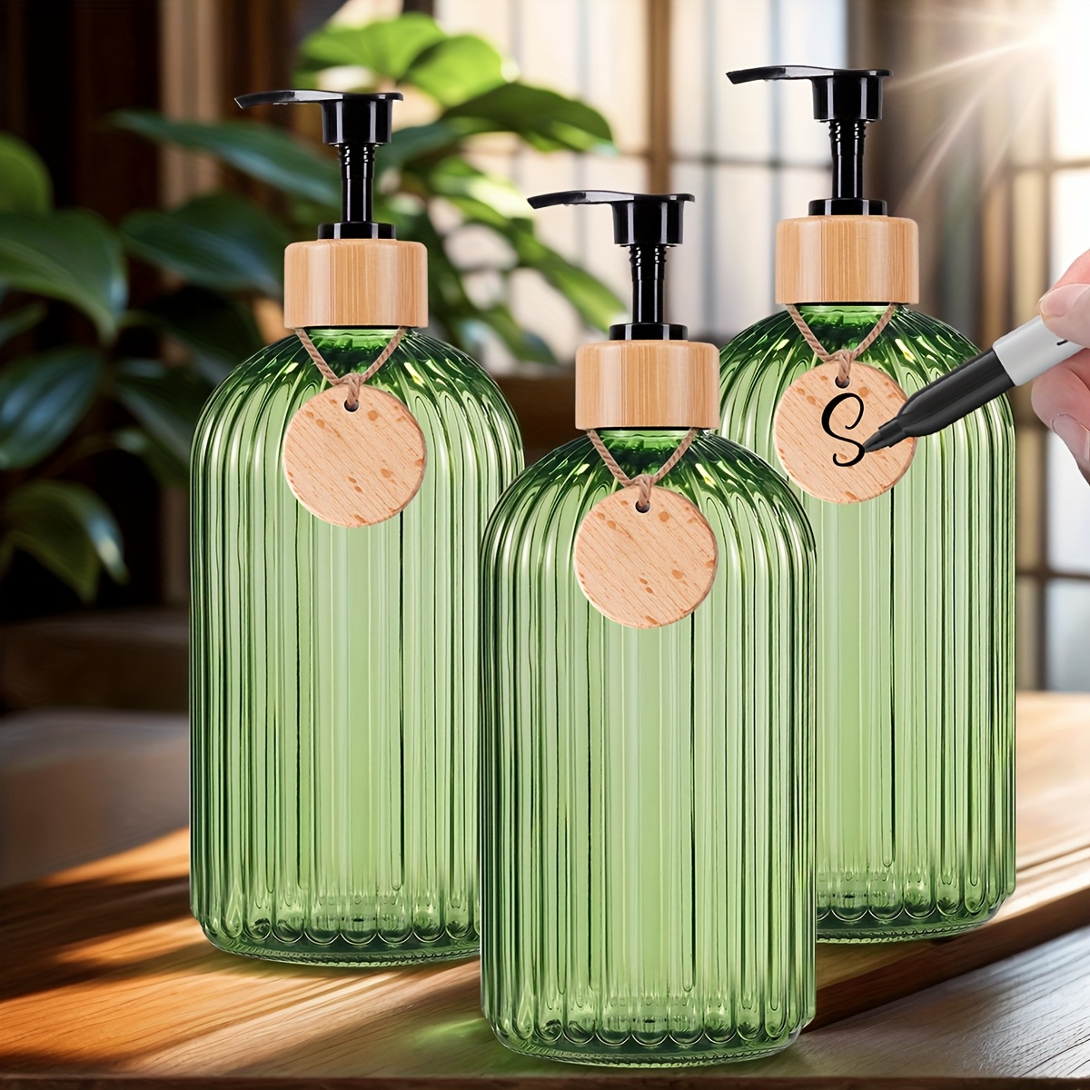 3pcs bathroom set refillable shampoo and conditioner dispenser green plastic soap dispenser with pump wooden tags guest   essentials 0