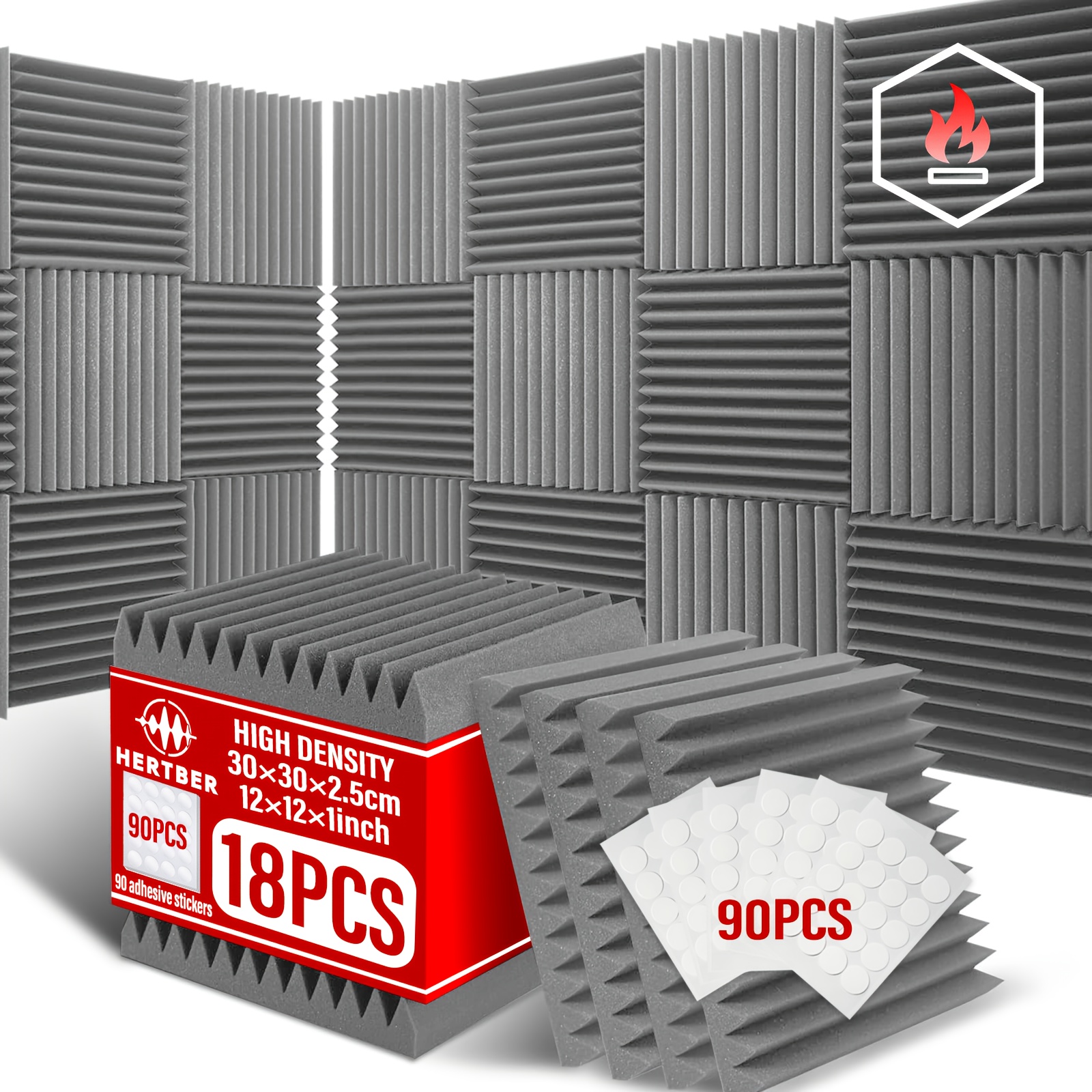 item picture 18pcs soundproof foam panel set with 90   pads 30 30 2 5cm high density flame retardant soundproof wall panels   in black gray   gray options polyurethane sound absorbing foam with wedge shaped   and strong