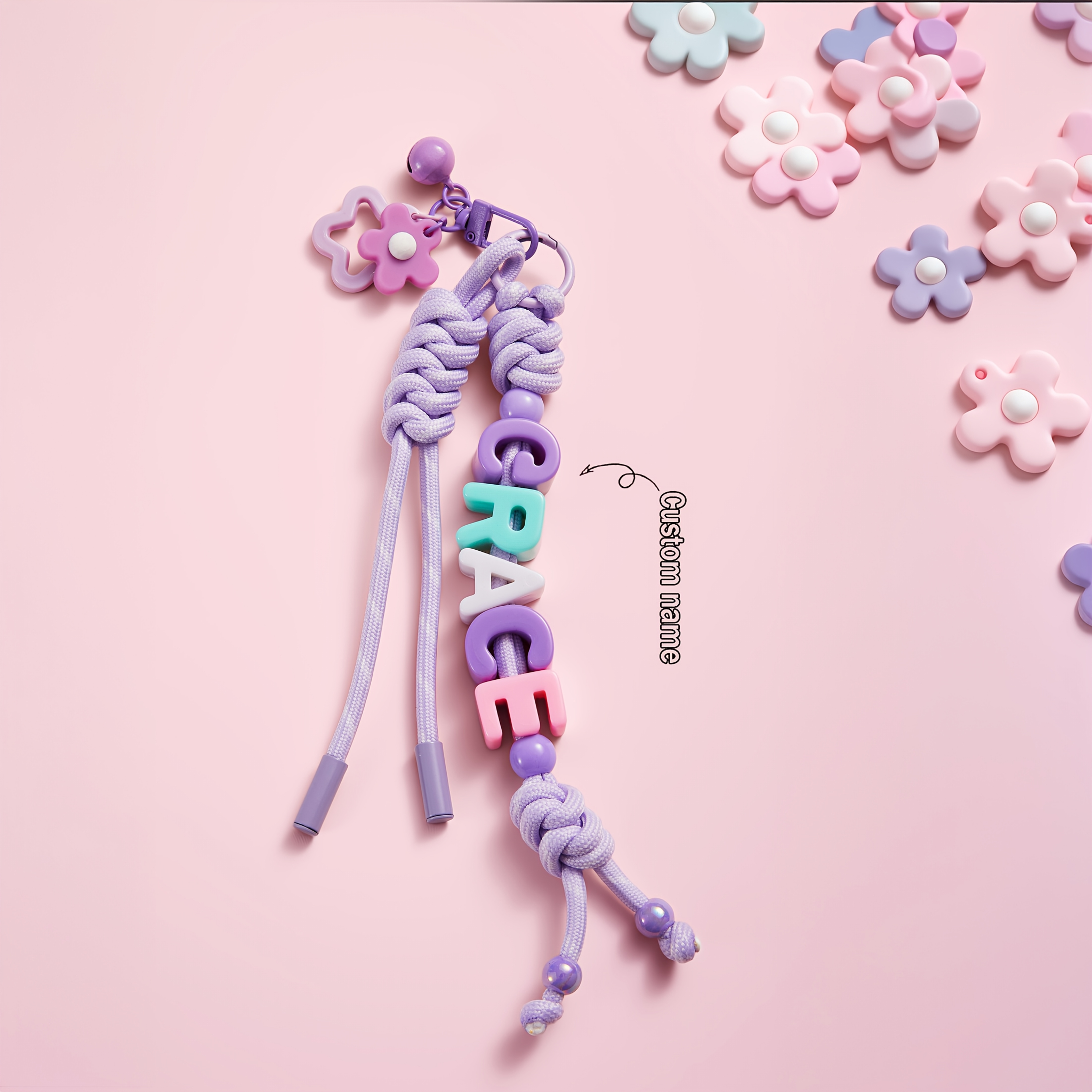 TEMU [custom] Handcrafted Custom Flower Woven Rope, Multicolor Acrylic Letter Beads, Cute Flower Keychain, Minimalist Bag Charm, Custom Name,