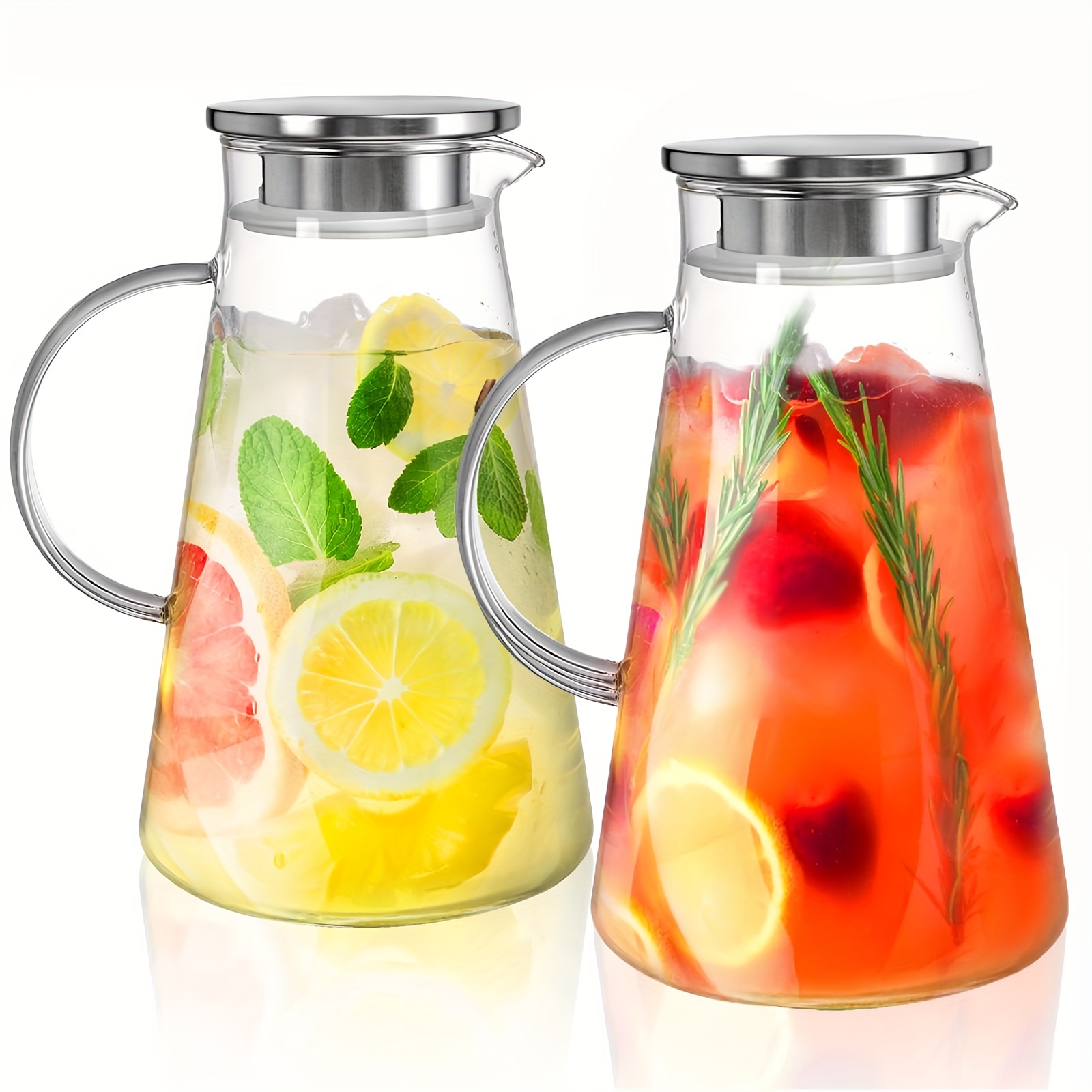 Image of 2pcs 2l/68oz Glass Pitchers With Lids, Easy-to-clean Heat-resistant Glass Pitchers With Handles, Suitable For Hot/cold Drinks - Water, Cold Brew Coffee, Iced Tea, And Juice