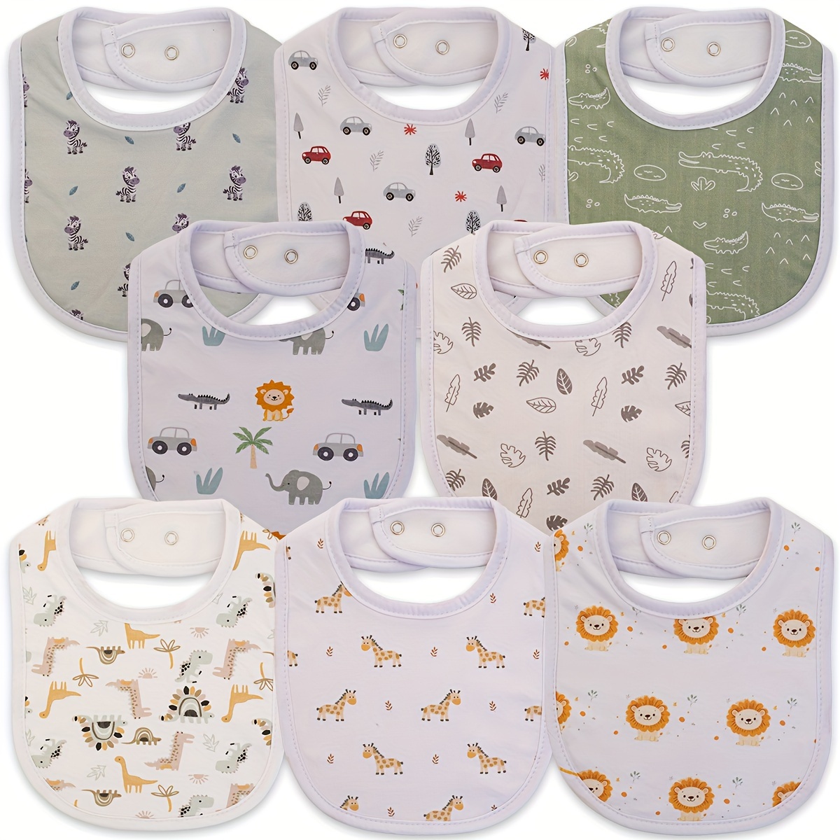 

8pcs Adjustable Bibs With Snap Closure - Absorbent & Breathable, Mixed Colors, Cartoon Animal & - Ideal For Teething, & Feeding