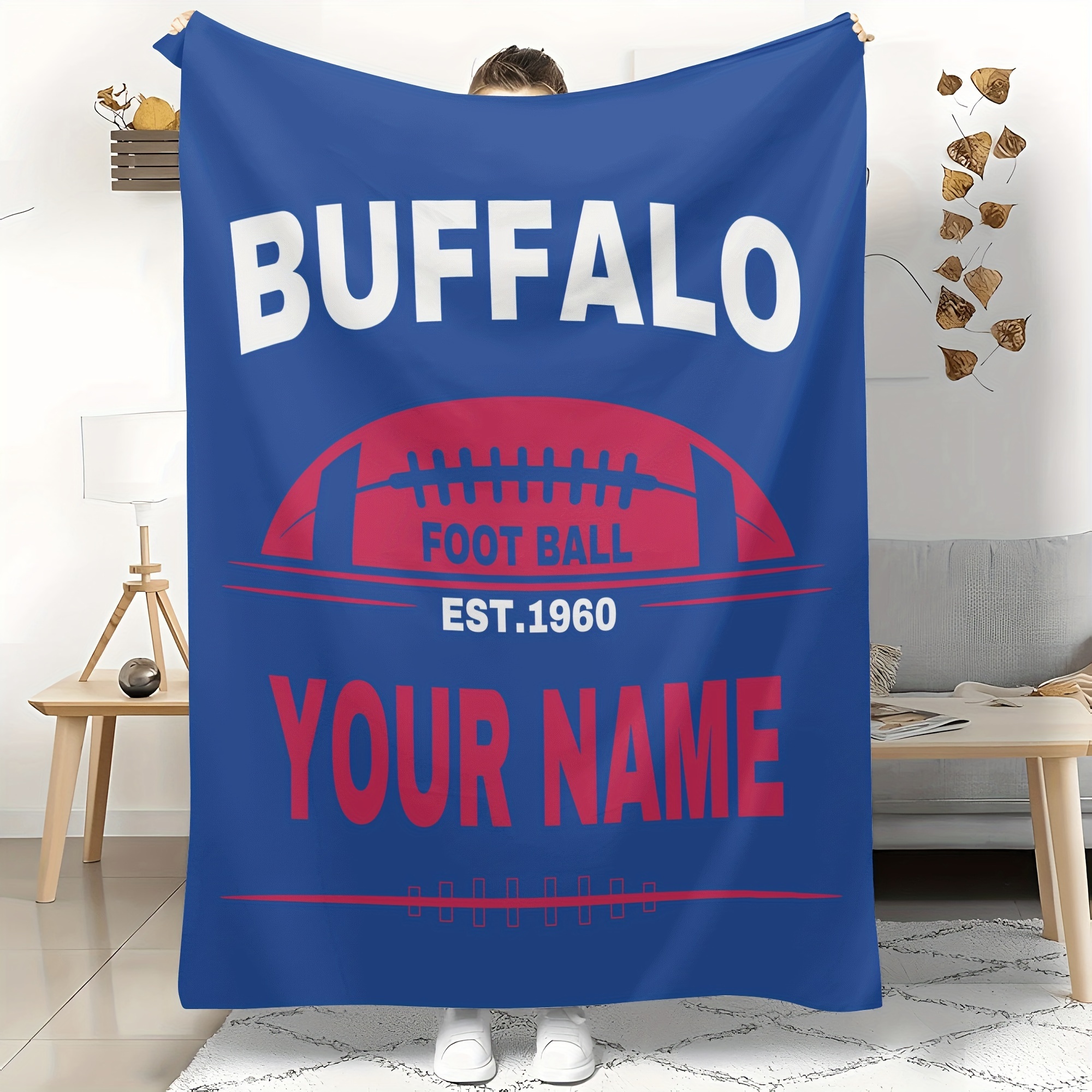 

Custom Buffalo Football Personalized Name Throw Blanket - Polyester Knit Fabric, Rectangle, Non-electric For Bed, Sofa, Travel - Perfect Gift For Fans