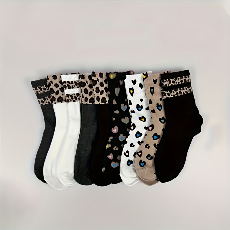 

9pcs Women's Fashionable Leopard & Heart Print Mid-calf Socks - Breathable, Sweat Absorbent, Moisture-wicking Polyester , Machine Washable, Comfortable, Daily