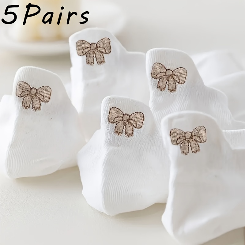 E-shop 5 Paar/10 Paar Frühlings- und Sommer-Damensocken, und vielseitig, weiße High Heel Stickerei Schleife, bequeme, atmungsaktive, kurze Socken