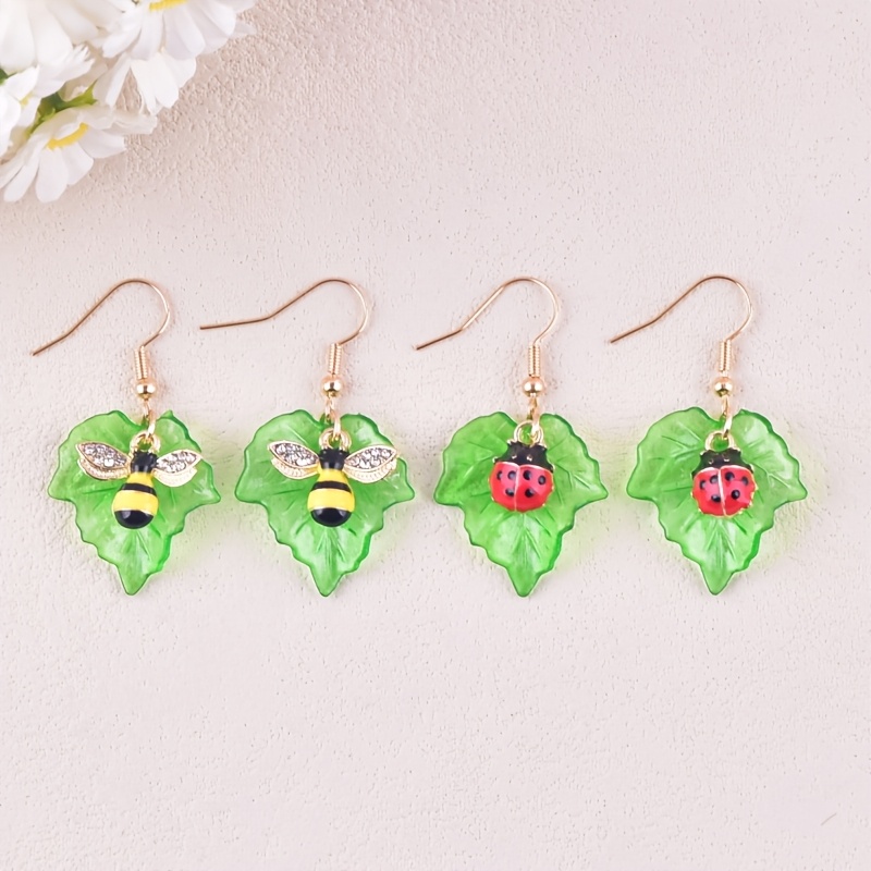 Creative Acrylic Drop Earrings Featuring Leaves and Bees