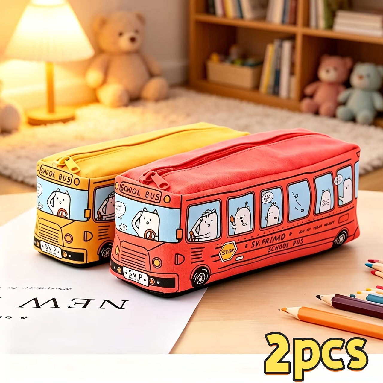 TEMU Estuche de dibujos animados de autobús de gran capacidad, estuche de coche, estuche de autobús, de papelería estilo Ins japonés y coreano