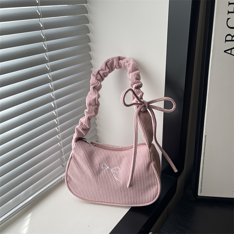 TEMU Women's Corduroy Single-shoulder Handbag With Bow Embellishment & Adjustable Strap - Crossbody/shoulder Bag, Zipper Closure, Soft Corduroy