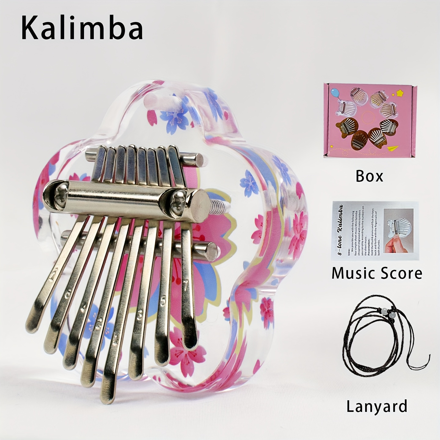 TEMU Kalimba a 8 Note con Fiori di Ciliegio per Principianti - Strumento Portatile a Simile all'Mbira con , Libretto di Spartiti e Tutorial - Kalimba