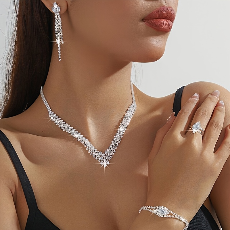 TEMU Ensemble de Bijoux de Mariage Élégant : Collier, Boucles d'Oreilles, Bague et Bracelet 4 Pièces - Strass Haut de Gamme Style Européen et
