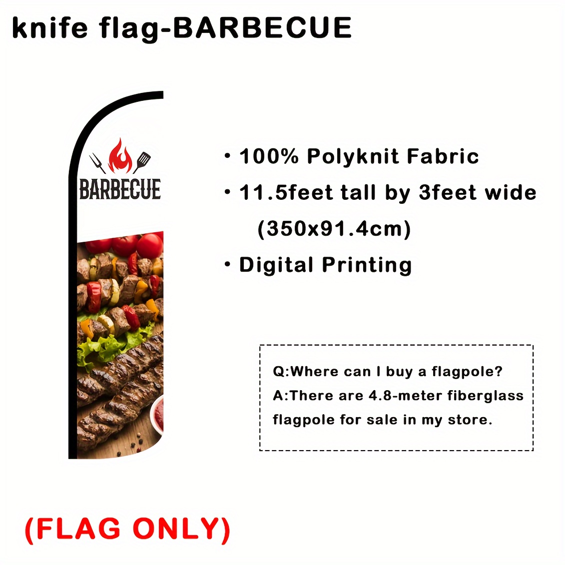 

1pc, Barbecue Advertising Knife Flag, The Size Is 3x11.5ft (91.4x350cm), The Material Is 110g/m2 By Weaving, Adopting Digital Printing Process, Suitable For Multiple Business And Event Scenes