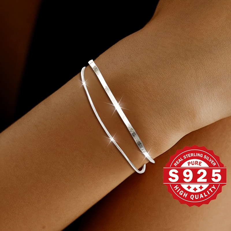 Women's S925 Sterling Silver Double Layer Blade and Round Snake Pattern Bracelet
