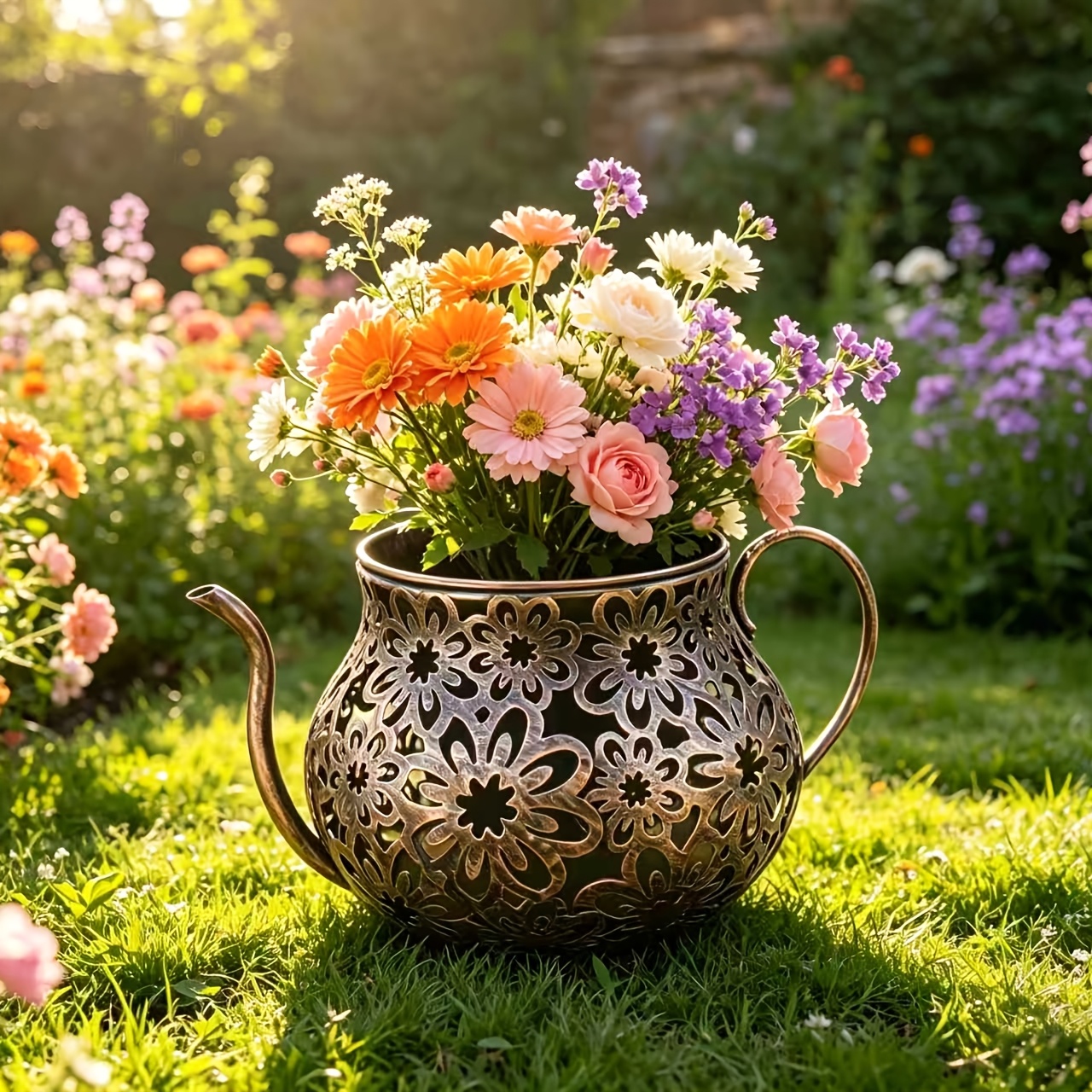 TEMU Vaso da fiori a forma di bollitore in metallo retr簷, vaso per fiori intagliato, per la decorazione e giardino, universale per piante grasse e