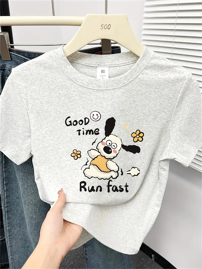 womens 2025 new korean style shoulder t shirt cute cartoon dog floral graphic print light grey round neck short sleeve top for spring summer casual wear spring fashion design machine washable Product details 0
