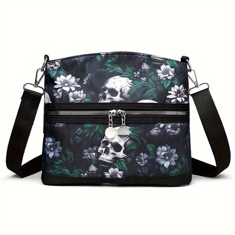 

Sac à bandoulière en nylon imprimé tête de mort floral pour femme, style rétro , sac à bandoulière multifonctionnel